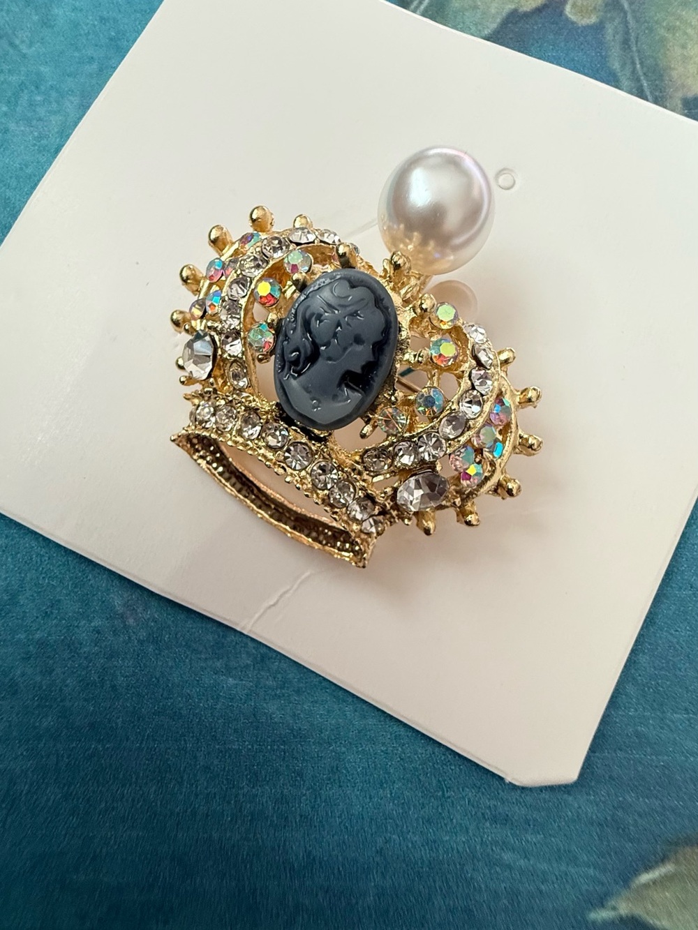 Gold-Tone Black Cameo Crown Brooch with Pearl Accent